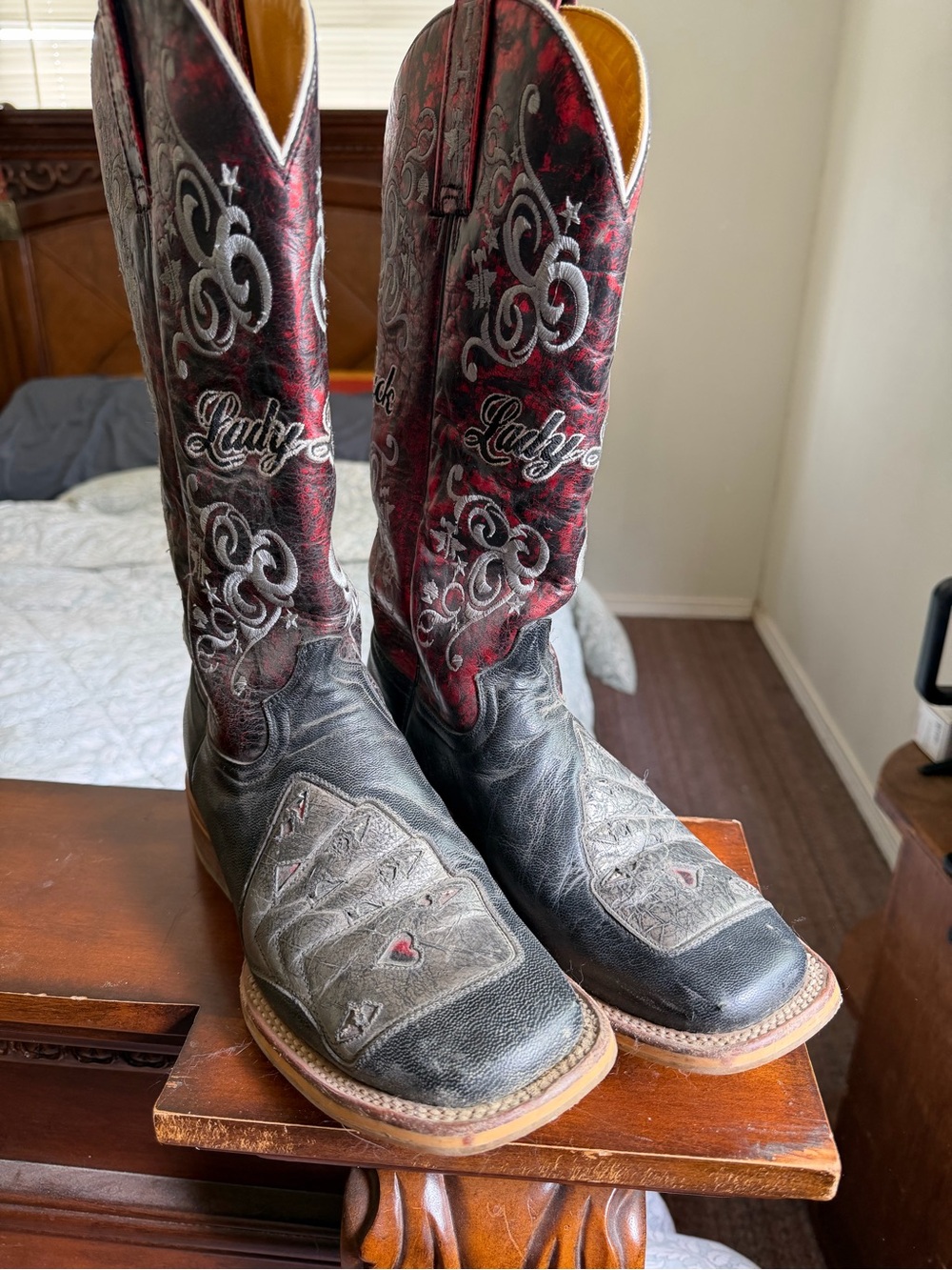 Tin Haul Black and Red Embroidered Playing Card Heeled Cowboy Boots